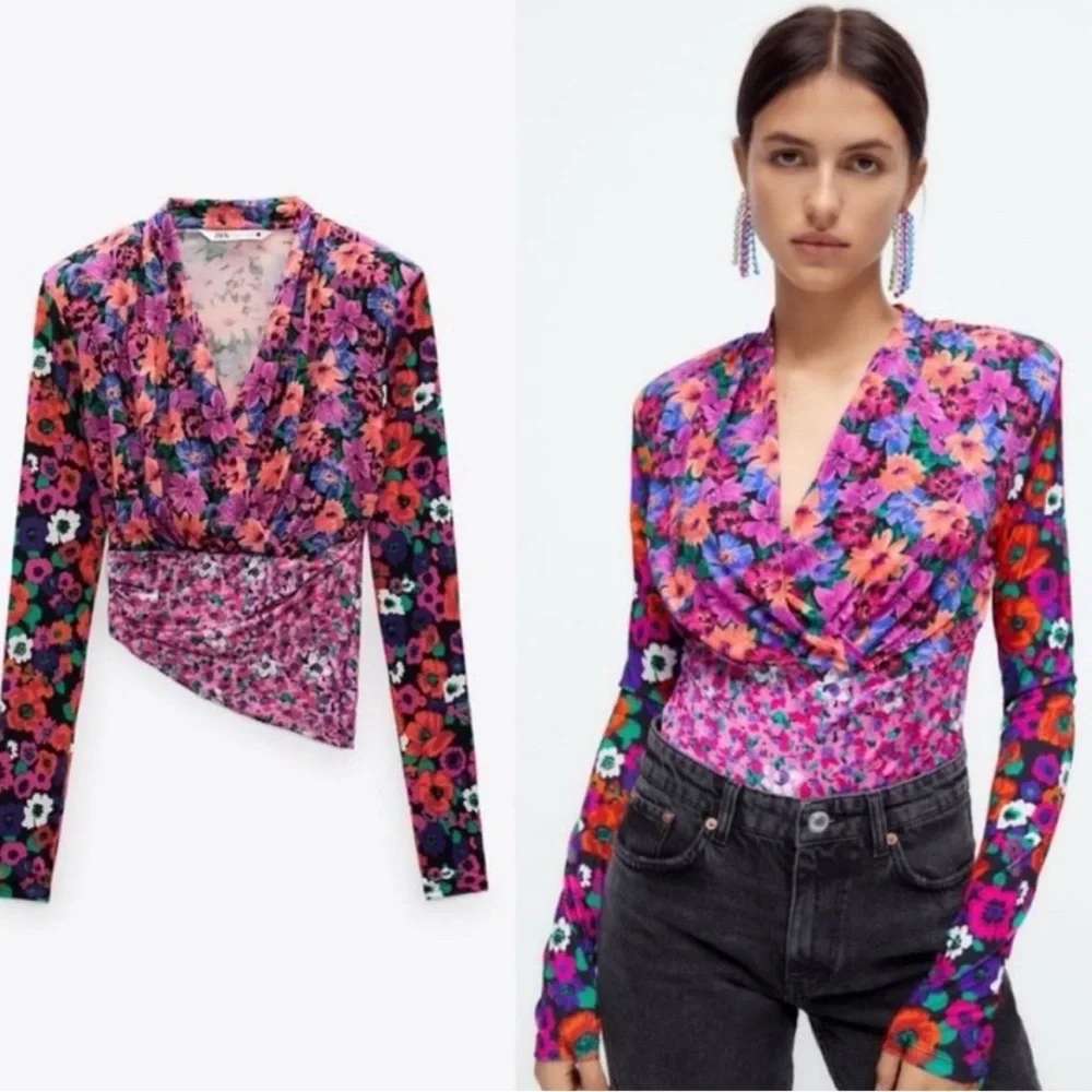 ZARA Floral Wrap Long Sleeve Shoulder Pad Top - Picture 2 of 15